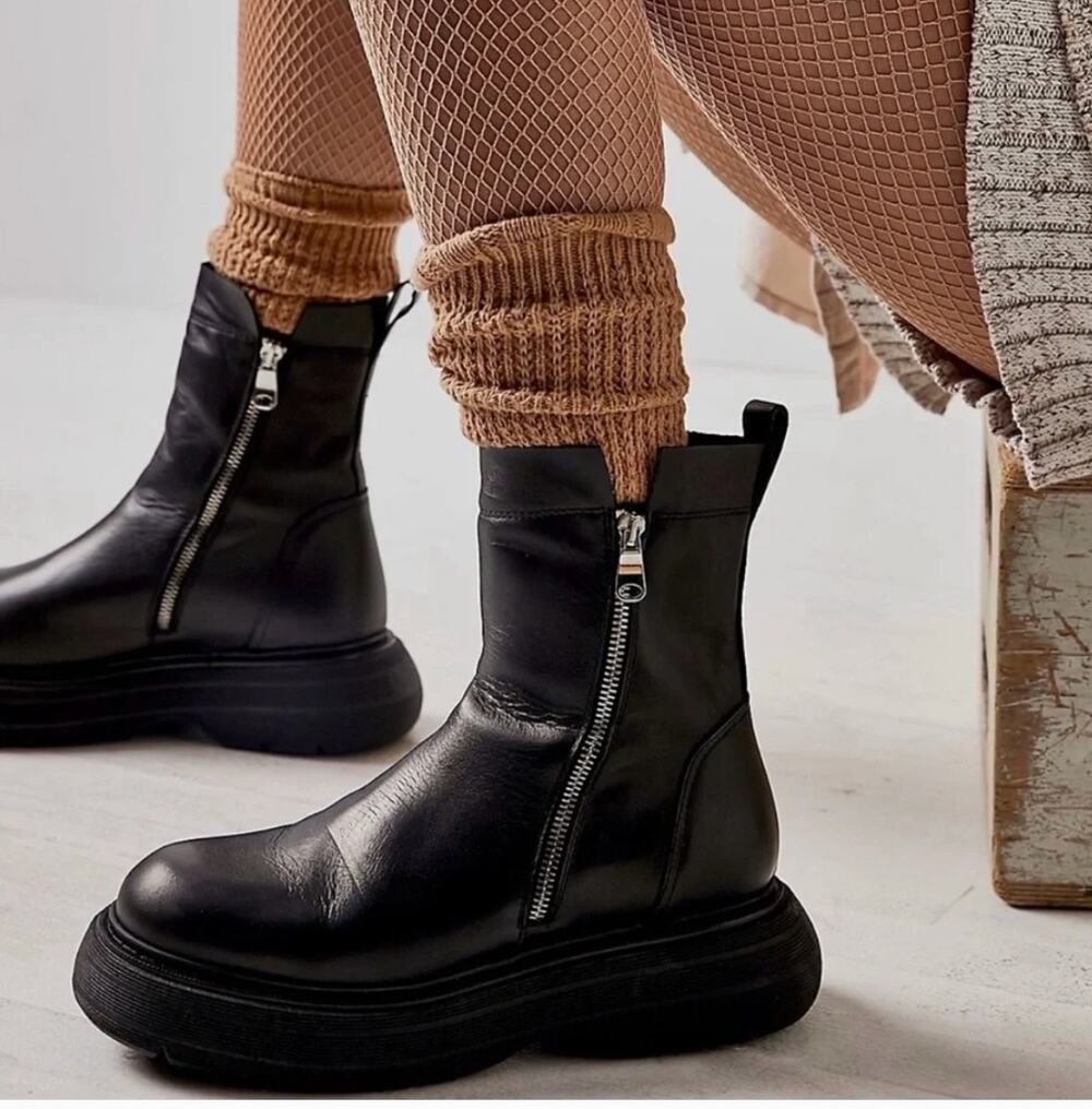 Free People Mara Zip Black Boots Size 39 Chunky Moto Goth Grunge Ankle Fall